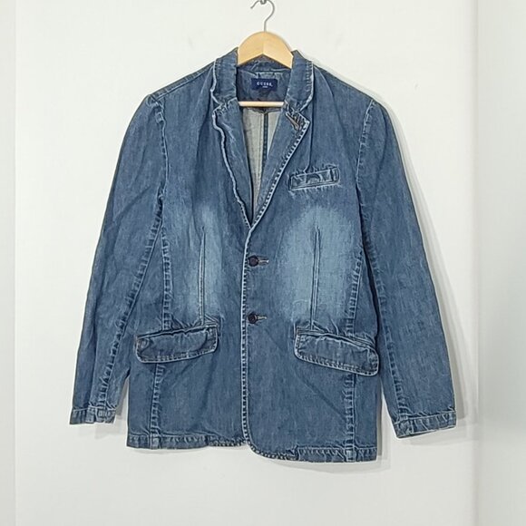 Guess Vintage Blue 100% Cotton Button Front Distressed Denim Blazer Jacket Large - Picture 2 of 12